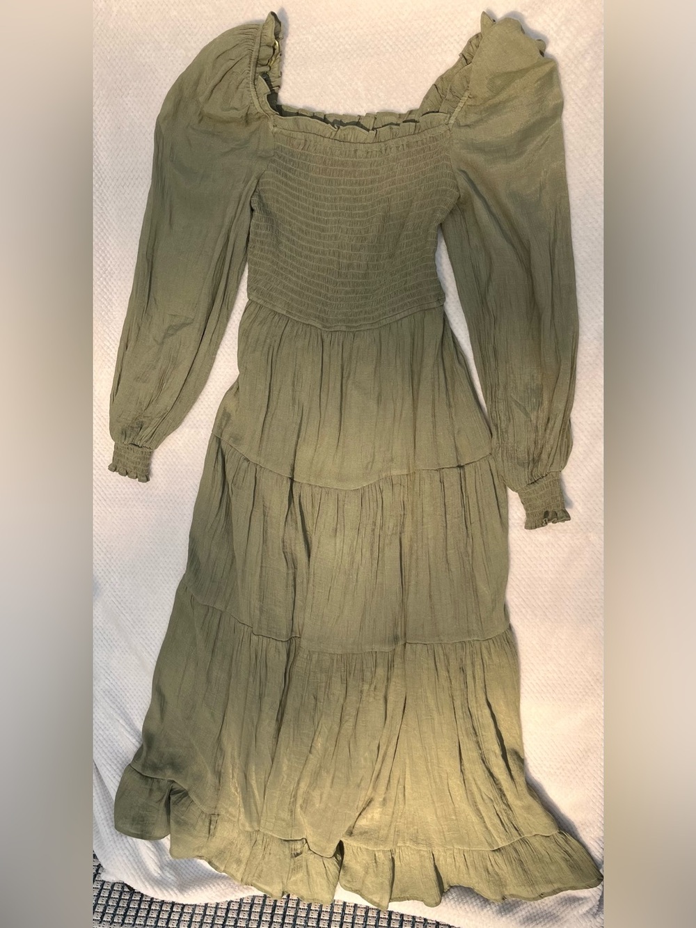 Smocked Tiered Olive Maxi Dress with Puff Sleeves